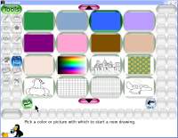 Tux Paint's new 'New' dialog, providing background color choices,
  along with 'Starter' template images.