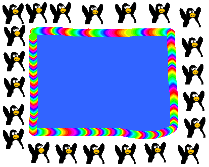 Tux Paint drawing: 'Joy to the Penguins; the Swimming Pool is Here!'