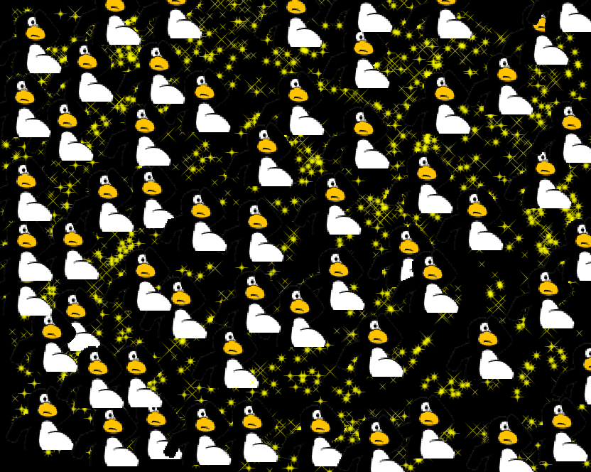 Tux Paint drawing: 'Penguins Lost in Space'