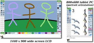 Tux Paint running on a 1440x900 widescreen LCD and 800x600 tablet PC
(in portrait orientation)