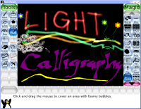 A drawing made using Tux Paint's new 'Light', 'Calligraphy', 'Flowers',
  'Ripples' and 'Bubbles' Magic tools.