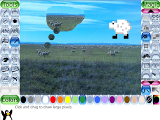Screenshot showing Tux Paint's clone and pixels features