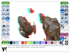 Screenshot of Tux Paint with various sized frogs, with red/cyan colors separated at different levels.