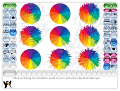 Screenshot of Tux Paint with a series of color wheels, with circular and linear brushstroke effects applied to them.