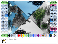 Screenshot of Tux Paint showing a kaleidoscopic image of trees and sky, with parts having desaturated sky (no blue), and other parts desaturated trees (no green).