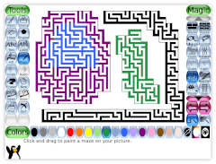 Screenshot of Tux Paint with different colored mazes on the canvas.