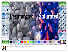 Screenshot of Tux Paint showing a photograph of a rocky beach, with the left half desaturated (greyscale), and the right side with increase color saturation.
