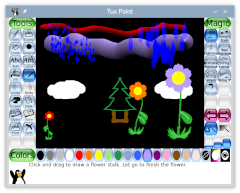 Screenshot of Tux Paint with different sizes of rain drops, tube shapes, and flowers, and a symmetric drawing of a tree and clouds with strokes of different thicknesses.