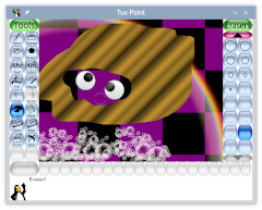 Screenshot of Tux Paint with a background (checkboard, googly eyes, rainbow, bubbles) created in Tux Paint, covered up (with a metal paint effect), which has been partially exposed using a fuzzy eraser