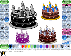 Numerous images of a cartoon birthday cake. All but one has been transformed into dithered dot patterns.