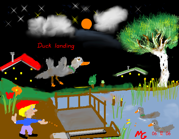 Tux Paint drawing: 'Duck landing'