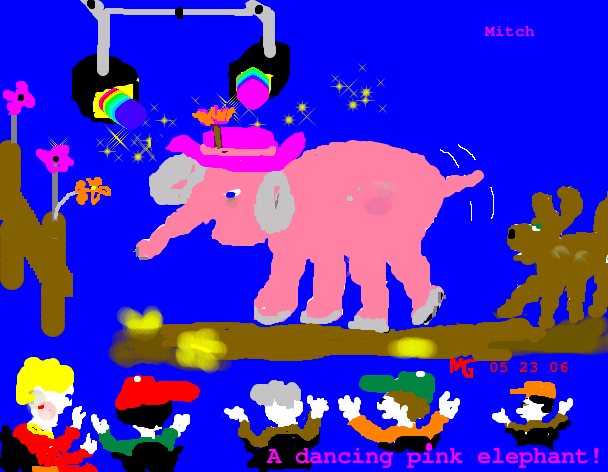 Tux Paint drawing: 'A dancing pink elephant!'